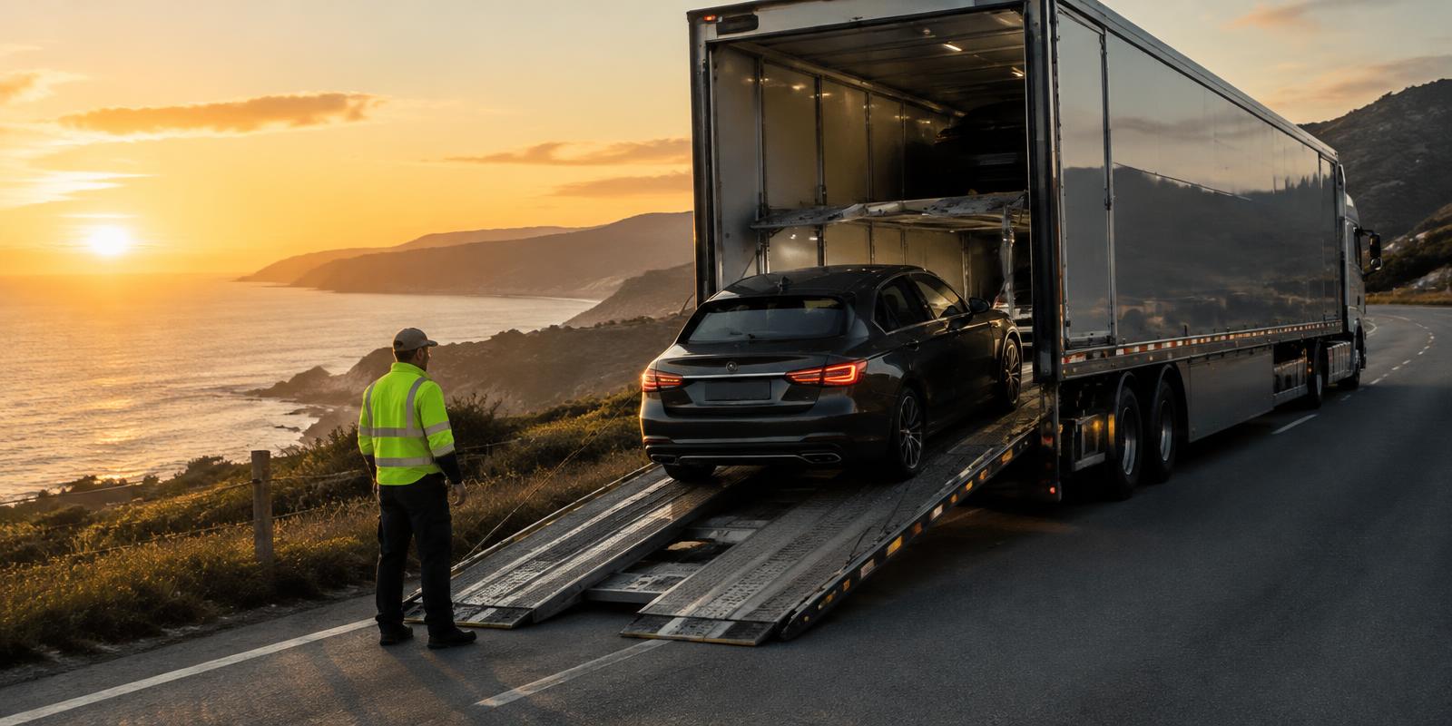 Vehicle being loaded into an enclosed car transporter